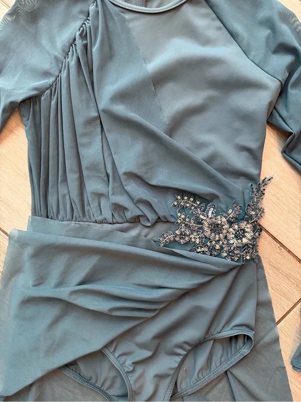 Weissman Teal Blue Long-Sleeve Dance Costume with Embellished Waist